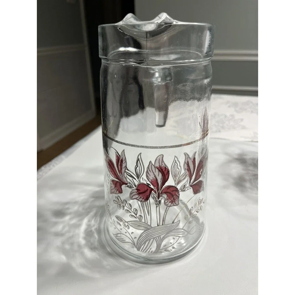 6pc Vtg Floral Glass Water Juice Pitcher w 10oz Drinking Tumblers Glasses Italy